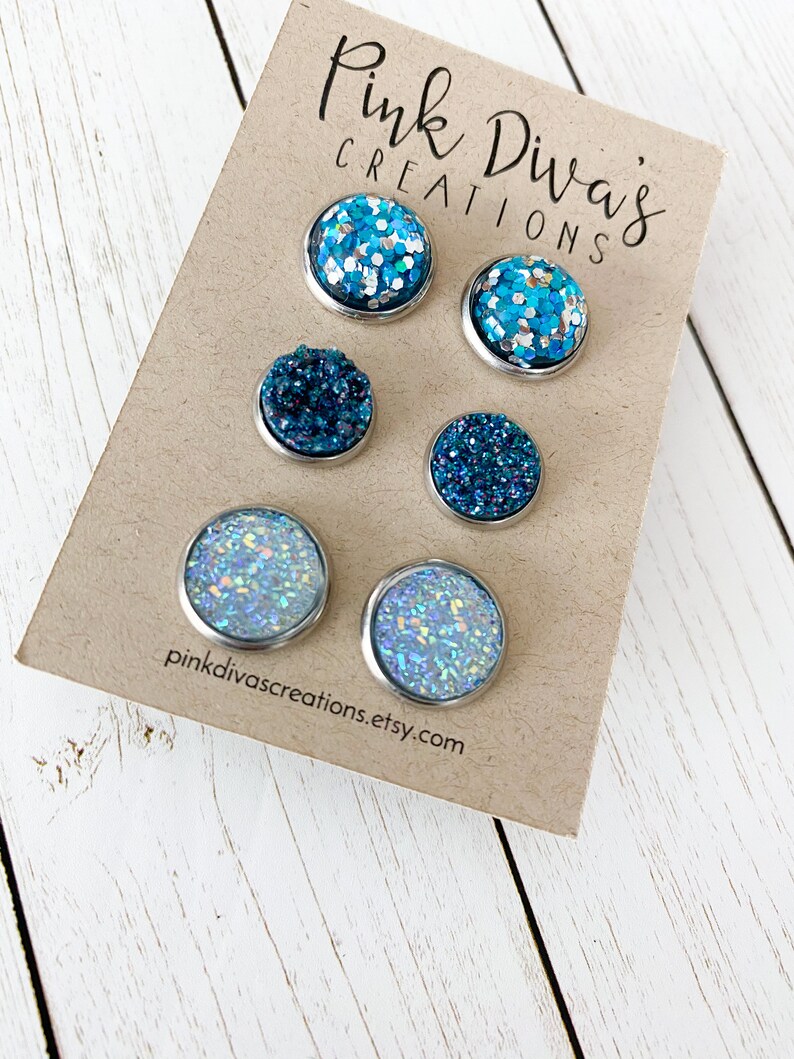Blue Earrings Druzy Earrings Glitter Earrings Blue Hues Trio Earrings