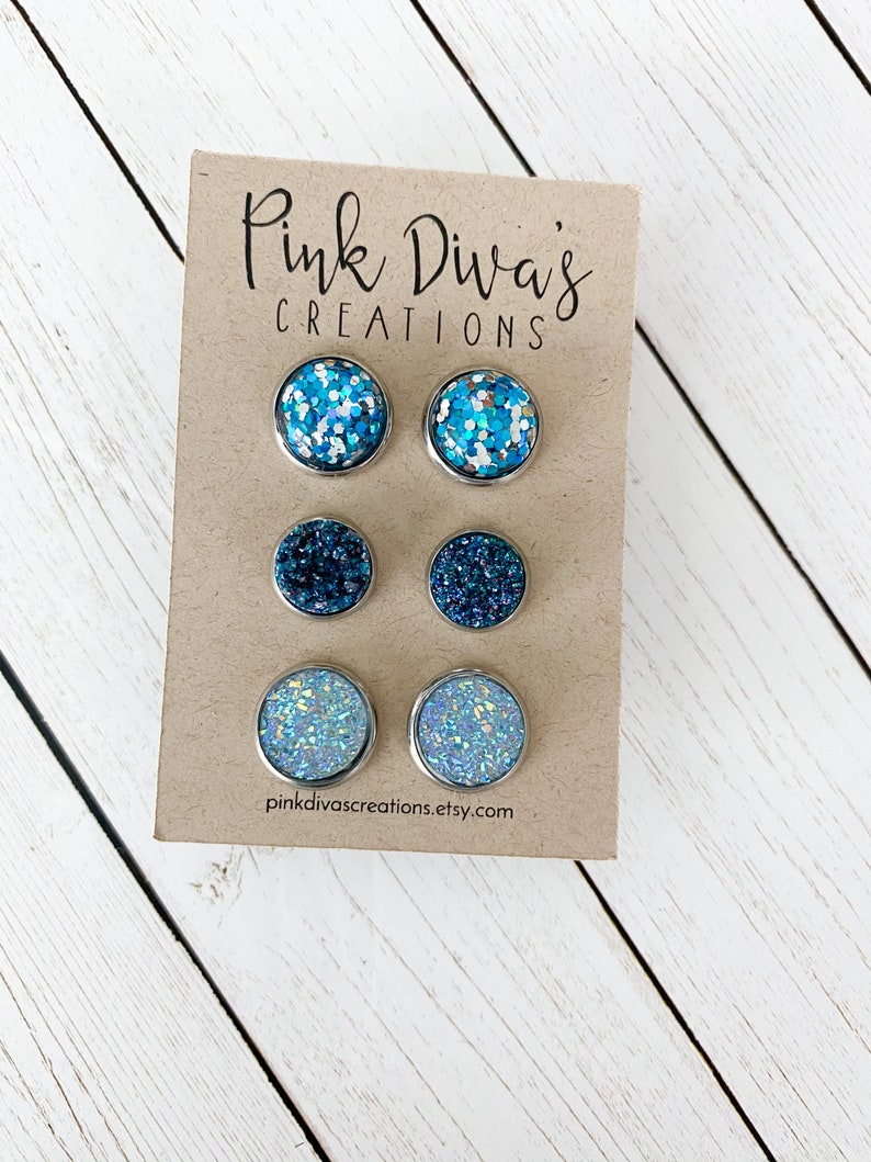 Blue Earrings Druzy Earrings Glitter Earrings Blue Hues Trio Earrings