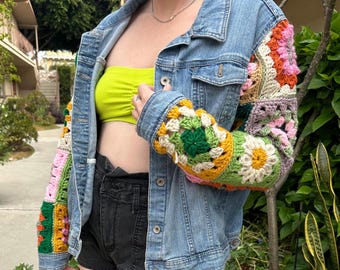 Crochet Sleeve Denim Jacket - one of a kind!