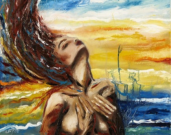 Contemporary Art, Blue, Strong Woman, Freedom, yellow, swim, ocean, Minnesota artist, FREE Print by Linda Clayton