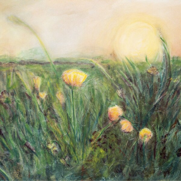 Here comes the sun, flowers, sunrise, sunshine, happy, linda clayton, landscape, meadow, yellow flowers, art, prints, poster, painting