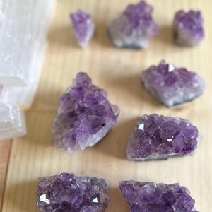 May include: A collection of eight amethyst crystal clusters in various sizes and shapes. The crystals are a deep purple color and have a natural, rough texture.