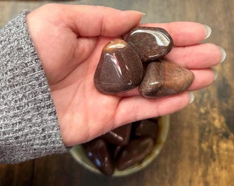 May include: A hand holds several polished, brown gemstones with a glossy finish. The stones vary in shape, with some appearing more rounded and others more angular. The gemstones are a rich, dark brown color with lighter brown highlights.