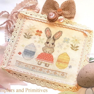 Cross stitch primitive PDF pattern chart, spring bunny cross stitch, Samplers and Primitives, Easter cross stitch, primitive bunny ornament