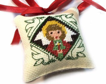 Christmas tree decor, Santa Claus cross stitch ornament, primitive gift decor christmas miniature, winter primitive pincushion