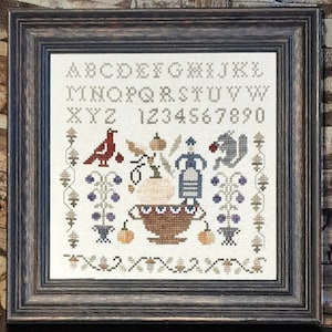 Cross stitch sampler pattern chart PDF, Samplers and Primitives, autumn thanksgiving sampler, antique sampler inspired pattern, pumpkin