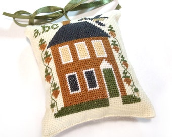 Thanksgiving or Christmas decor pillow, cross stitch pillow, primitive house, autumn primitive decor, light brown pillow, small pincushion