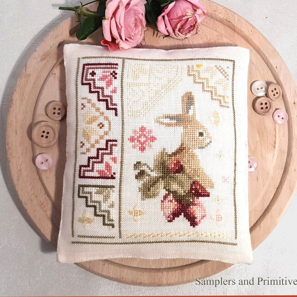 Cross stitch primitive PDF Quaker pattern chart, spring bunny cross stitch, Samplers and Primitives, Easter cross stitch, primitive bunny