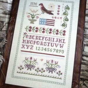 PDF DIGITAL Cross stitch patriotic pattern chart, Samplers and Primitives, Patriotic band sampler, primitive liberty Americana sampler