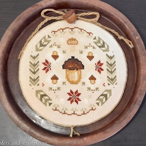 Cross stitch primitive Quaker PDF autumn pattern chart, thanksgiving cross stitch, Samplers and Primitives, acorn sampler fall pattern