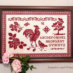 Cross stitch red rooster sampler pattern PDF, red sampler cross stitch, Samplers and Primitives, chicken farm sampler, alphabet sampler