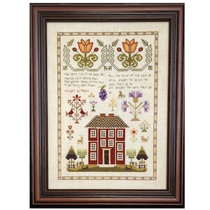 Cross stitch sampler pattern chart PDF, Samplers and Primitives, colonial sampler, antique sampler inspired pattern, house primitive sampler