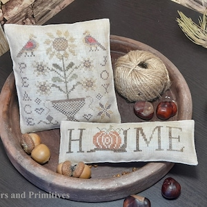 Cross stitch primitive PDF pattern chart, sunflower spring cross stitch, Samplers and Primitives, primitive home cross stitch pincushion