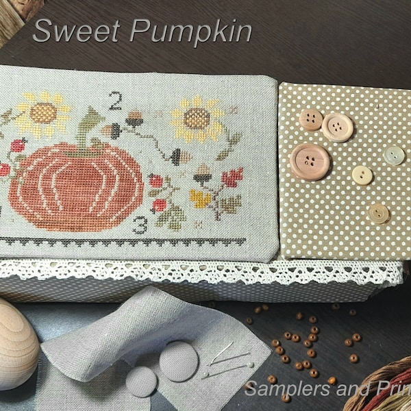 PDF DOWNLOAD Cross stitch Thanksgiving pattern chart, Samplers and Primitives, pumpkin cross stitch primitive, sewing box lid pattern