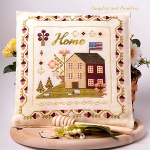 Cross stitch primitive spring house PDF pattern chart, Americana cross stitch, Samplers and Primitives, flower spring sampler