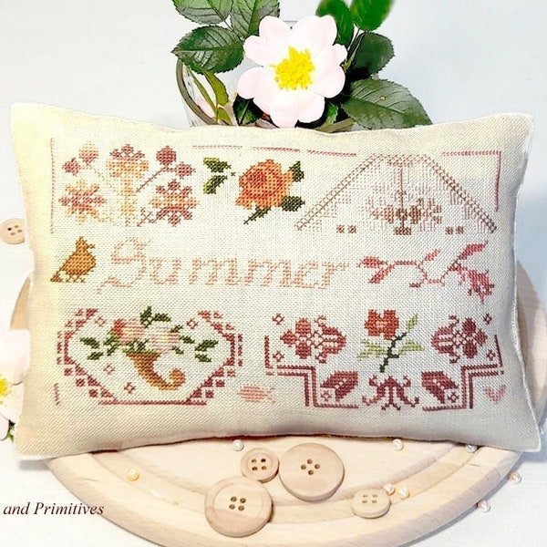 Cross stitch primitive Quaker PDF summer pattern chart, flower cross stitch, Samplers and Primitives, Quaker sampler cross stitch pattern