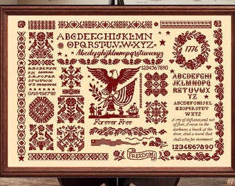 Patrón de punto de cruz de águila patriótica, muestrario de estilo primitivo americano - Muestrario monocromo patriótico del 4 de julio (descarga en PDF)