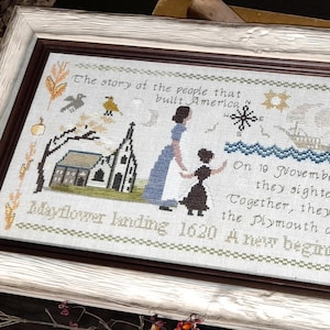Cross stitch sampler pattern chart PDF, Samplers and Primitives, coming to America pattern, Thanksgiving stitch, Mayflower pilgrim sampler