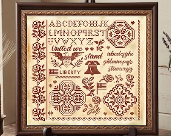 Schema per punto croce quacchero patriottico, sampler di stile americano primitivo - sampler monocromatico patriottico per il 4 luglio (download PDF)