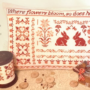 Cross stitch primitive spring PDF pattern chart, folk motif cross stitch, Samplers and Primitives, flower spring sampler