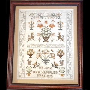 Cross stitch sampler pattern chart PDF, Samplers and Primitives, colonial sampler, antique sampler inspired pattern, tree primitive sampler