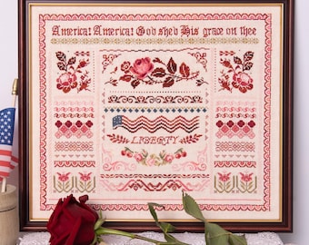 Schema patriottico a punto croce per il 4 luglio - Liberty Band Sampler - schema a punto croce con rose rosse ed elementi di ricamo antichi