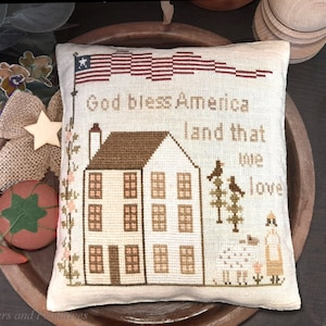 PDF DIGITAL Cross stitch patriotic pattern chart, Samplers and Primitives, God Bless America, primitive liberty Americana