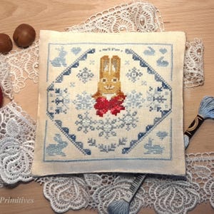 Primitive Christmas cross stitch pattern pdf download, Samplers and Primitives, Christmas cross stitch bowl filler, bunny Christmas
