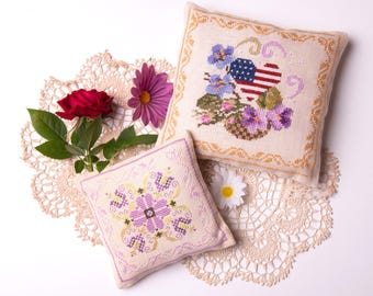 Patriotic Heart Cross Stitch Pattern, 4th July Floral Pincushion (PDF Download)