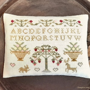 Cross stitch sampler pattern chart PDF, Samplers and Primitives, colonial sampler, antique sampler inspired pattern, tree primitive sampler