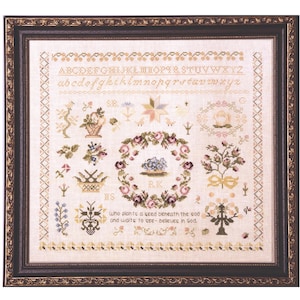 Cross stitch sampler pattern chart PDF, Samplers and Primitives, floral sampler, rose sampler, antique motifs sampler
