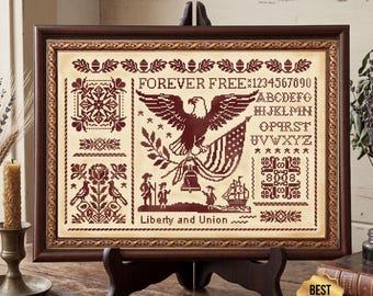 Schema per punto croce con aquila patriottica, sampler in stile americano primitivo - sampler monocromatico patriottico per il 4 luglio (download in PDF)