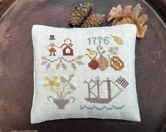 Primitive Patriotic Cross Stitch Pattern, Americana Pincushion (PDF Pattern)