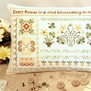 Cross stitch primitive spring PDF pattern chart, folk motif cross stitch, Samplers and Primitives, flower spring sampler