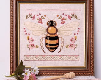 Schema PDF per punto croce con ape, fiori e primavera - un campionario da giardino in stile folk art - campionario country - download digitale