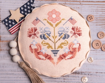 Schema per punto croce primitivo con fiori patriottici - Ornamento Americana America 250 (Download PDF)