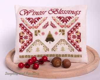 Primitive Christmas cross stitch pattern pdf download, Samplers and Primitives, Christmas cross stitch bowl filler, Quaker sampler Christmas