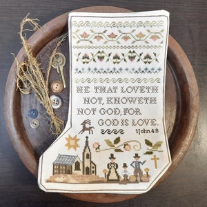 Cross stitch sampler stocking PDF pattern chart, Christian proverb sampler, Christmas stocking, Inspirational sampler, colonial band sampler