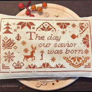 Primitive Christmas cross stitch pattern pdf download, Samplers and Primitives, Christmas Quaker cross stitch bowl filler, Bible Christmas
