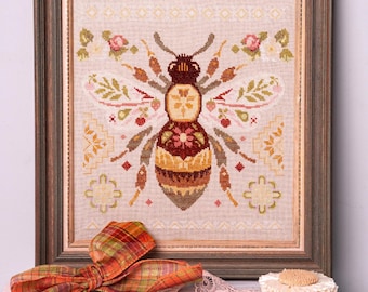 Schema PDF per punto croce con ape, fiori e primavera - un campionario da giardino in stile folk art - campionario country - download digitale