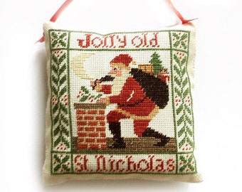 Primitive Christmas decor ornament pillow, Completed cross stitch, holiday decor, christmas gift present, Santa Claus