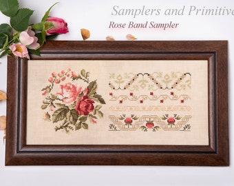 Cross stitch PDF Rose Band Sampler pattern chart, flower cross stitch, Samplers and Primitives, antique rose sampler pattern, band sampler