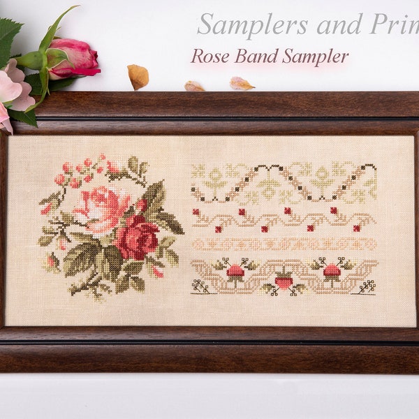 Cross stitch PDF Rose Band Sampler pattern chart, flower cross stitch, Samplers and Primitives, antique rose sampler pattern, band sampler