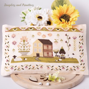 Cross stitch primitive spring house PDF pattern chart, Americana cross stitch, Samplers and Primitives, flower spring sampler