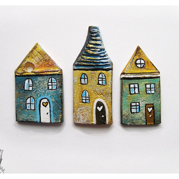 The Little Blue and Green Houses Ceramic Fridge Magnets Set of 3, Home Decor