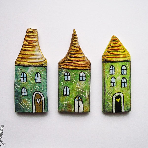 The Little Yellow Green Houses Ceramic Fridge Magnets Set of 3, Home Decor, Holiday Gift