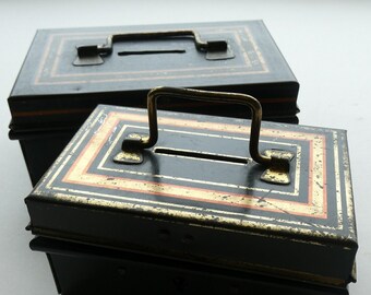 PAIR of Miniature Vintage 1940s Enamel Tin Cash Boxes / Money Boxes or Banks