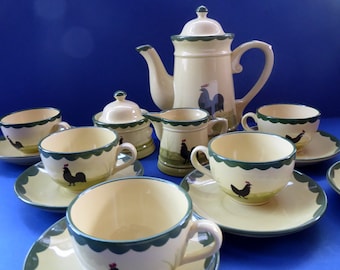 Vintage Zeller COCK AND HENS Complete Coffee Set: Coffee Pot, Milk & Sugar and Six Cups and Saucers