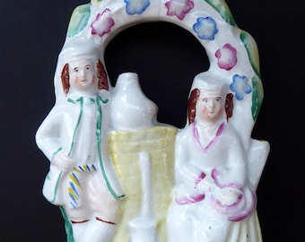 ANTIQUE Victorian Staffordshire Figurine. Small Flatback Model of a Man and Woman at a Water Well
