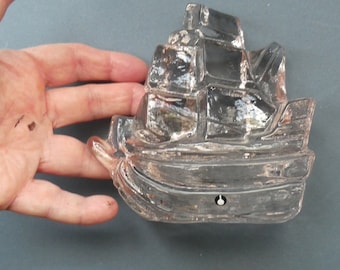 Vintage 1970s PUKEBERG Glass, Sweden Glass Galleon With Maker's Sticker. Excellent Condition. Ship Paperweight
